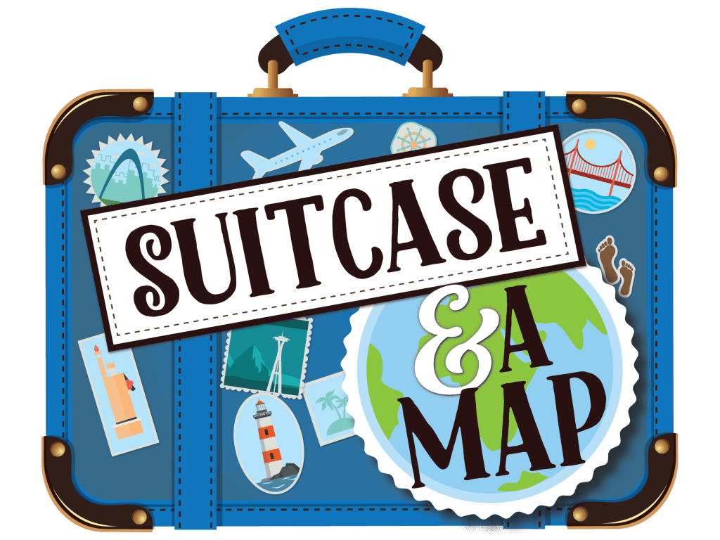 Family travel suitcase and map fun big vacation traveling clipart background