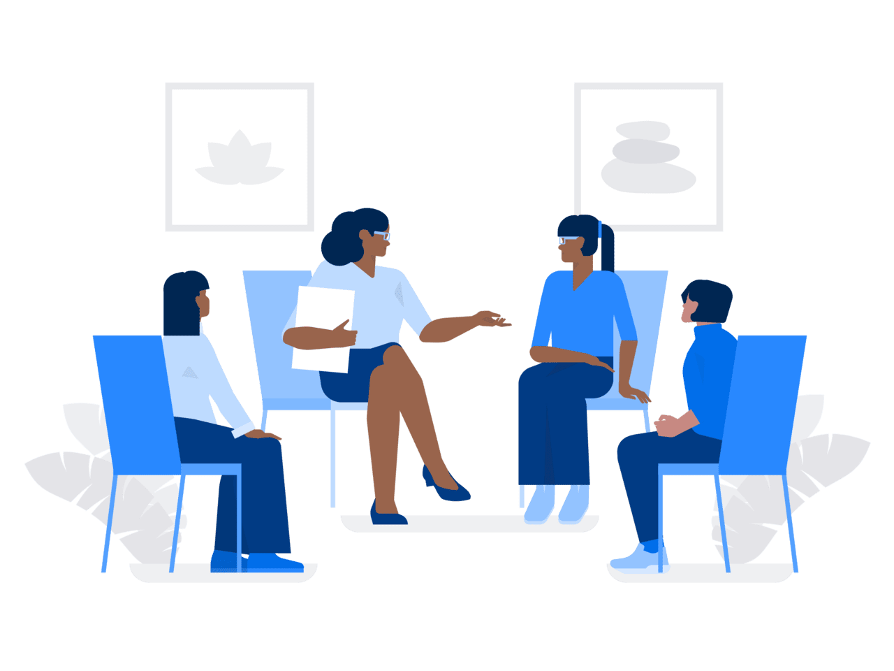 For teamwork female psychologist conducts group psychotherapy with three clients clipart picture