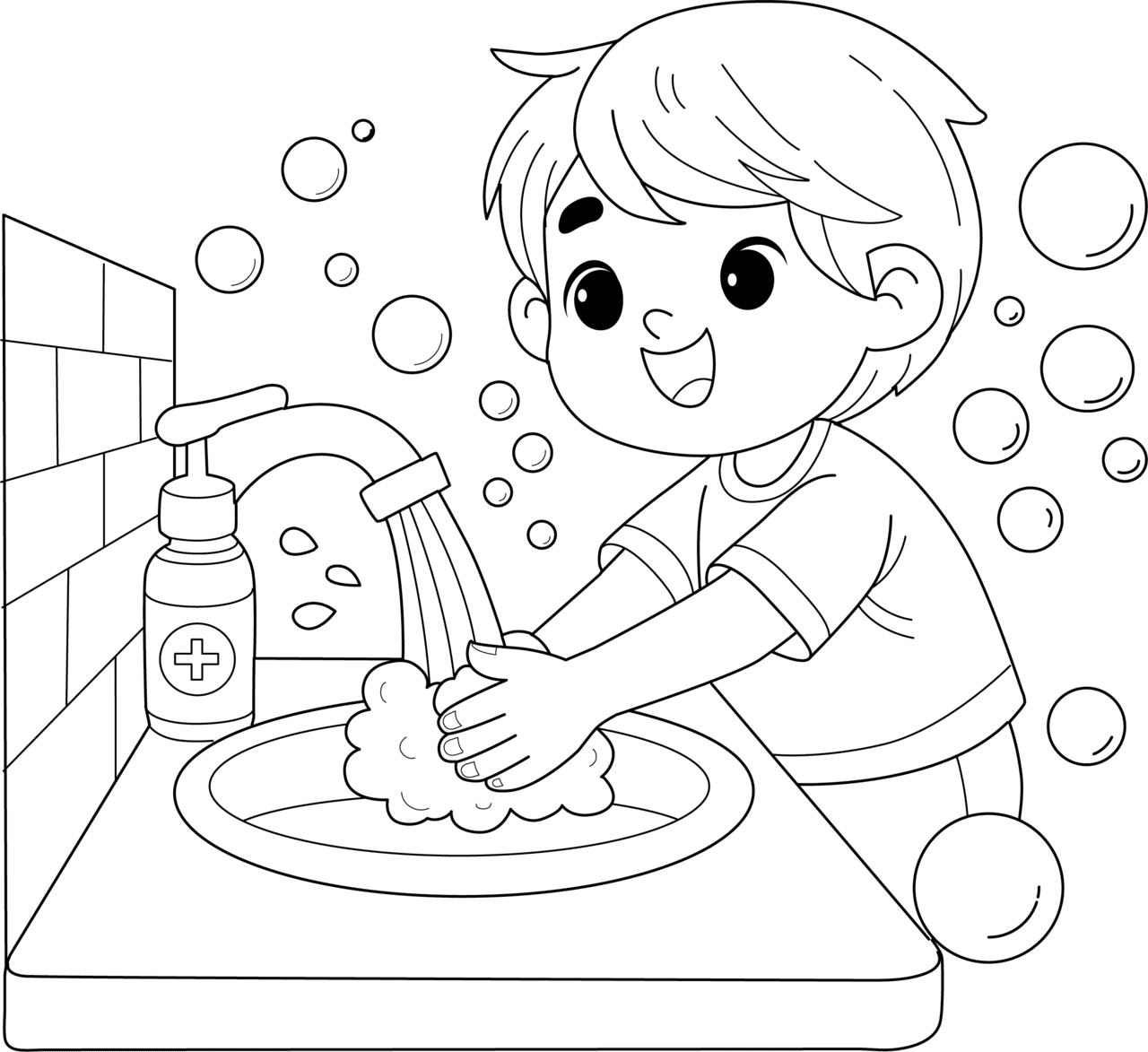 Washing hands hand hygiene colouring page book for children monkey pen store clipart clip art