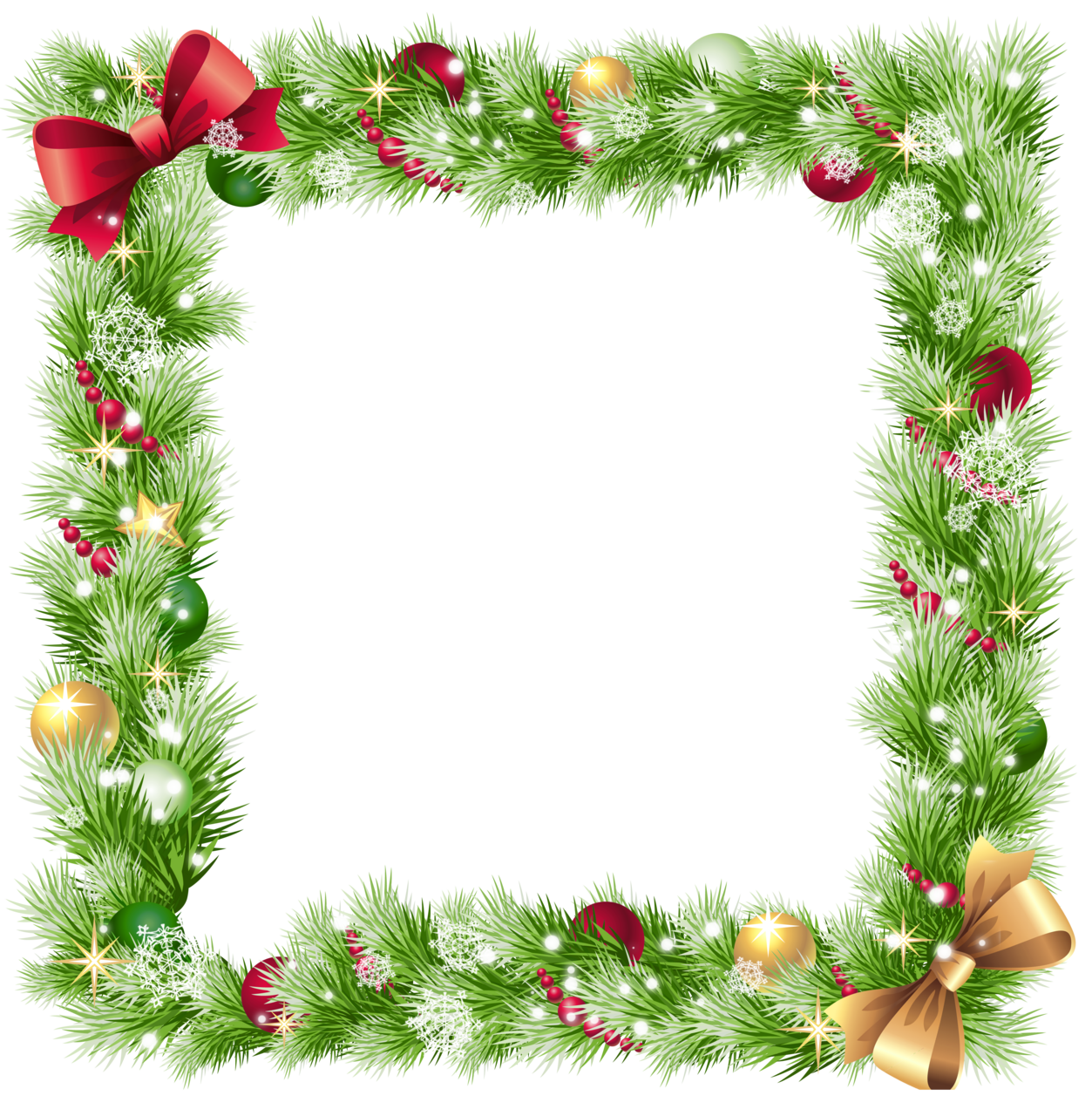 Christmas garland frame with ornaments and snowflak clipart photo