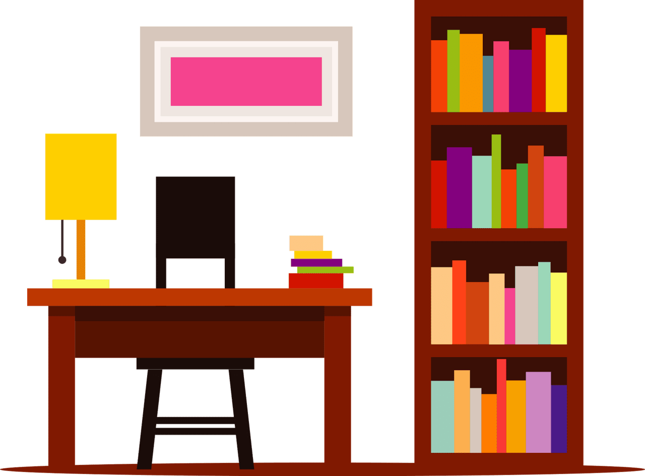 Home library with desk and bookshelf vector clipart images
