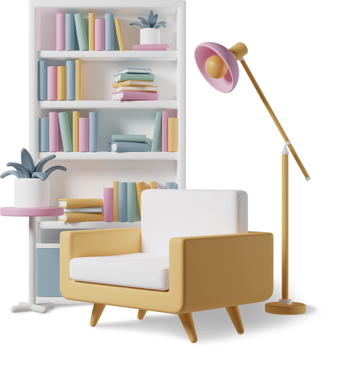 Bookshelf terior set with armchair bookcase and floor lamp clipart image