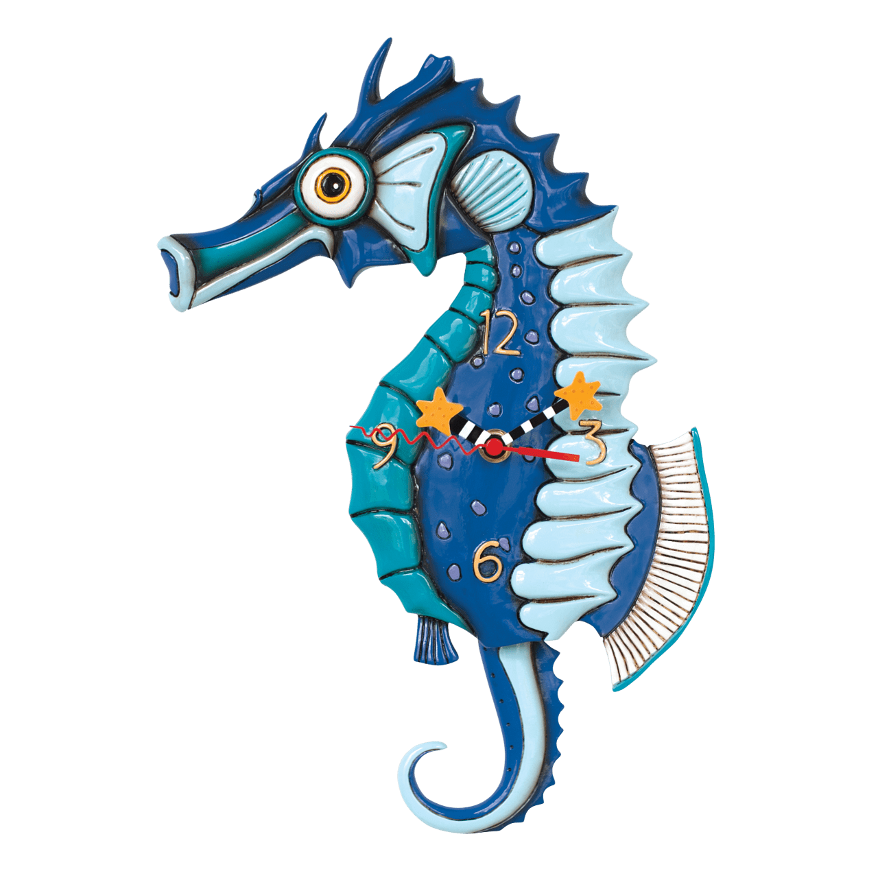 Allen designs salty blue seahorse whimsical pendulum wall clock beach house boutique clipart picture