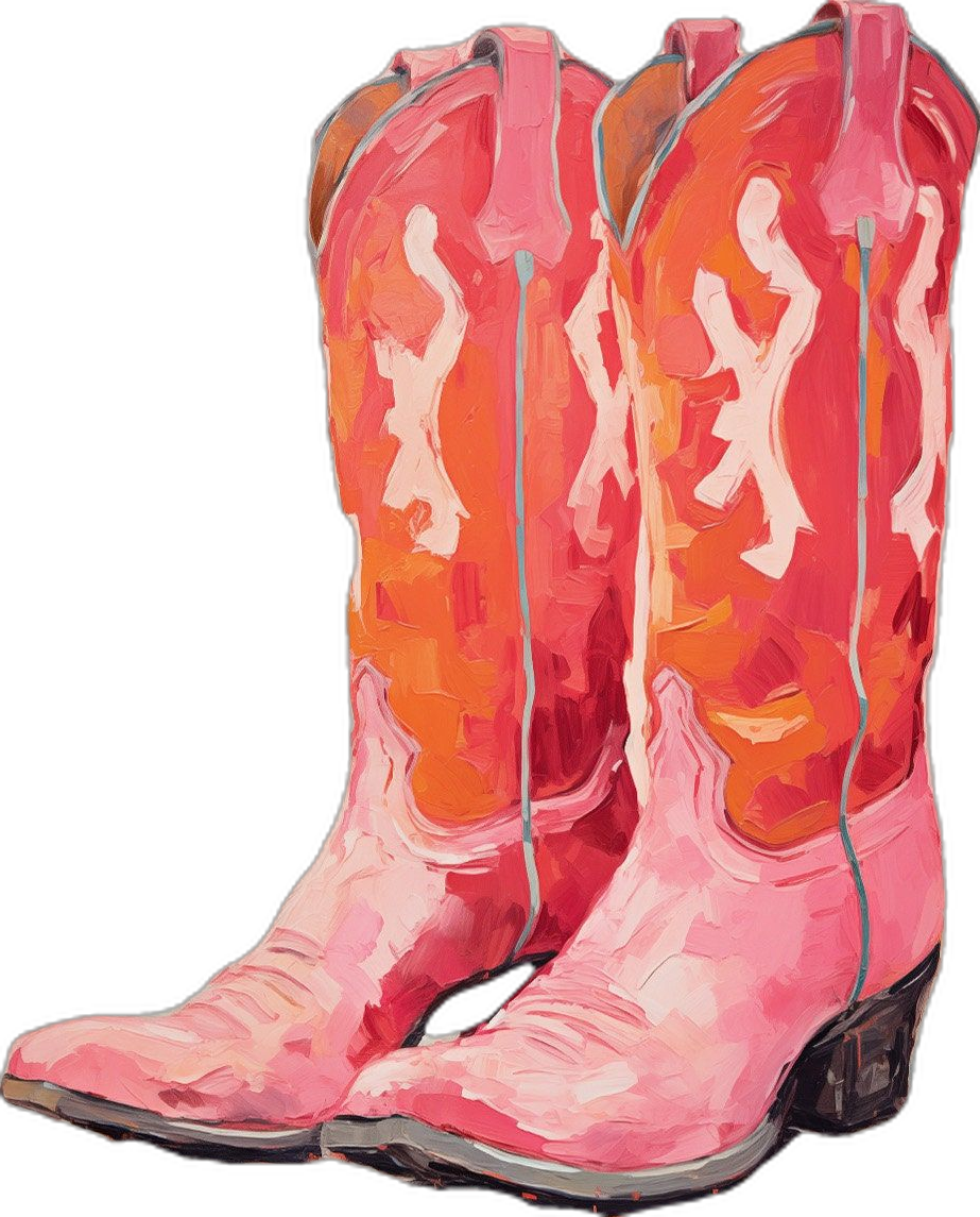 Retro cowgirl boot digital print funky trendy western painting pink orange cowboy printable girly aesthetic dorm room decor clipart logo