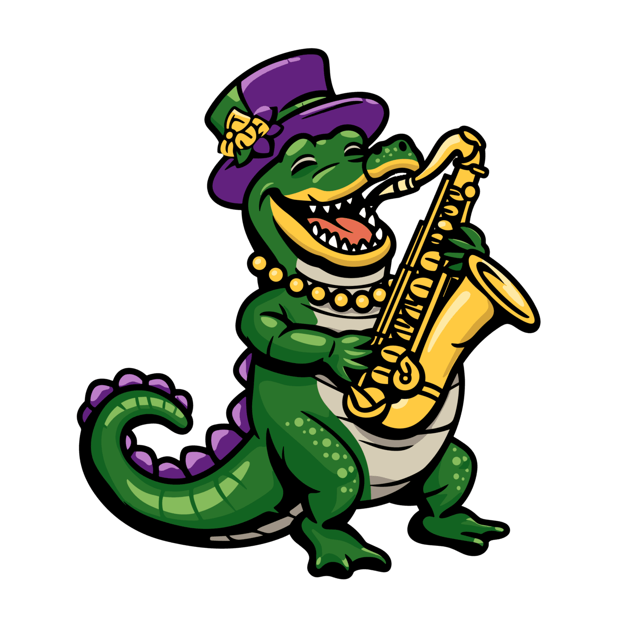 Mardi gras alligator playing jazz saxophone sublimation small business license clipart background