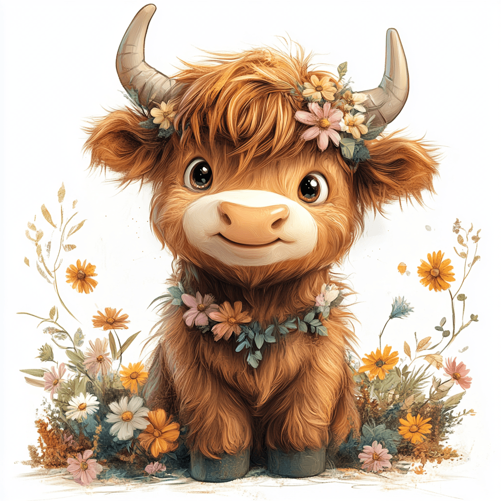 Smiling baby highland cow surrounded by flowers white background clipart style