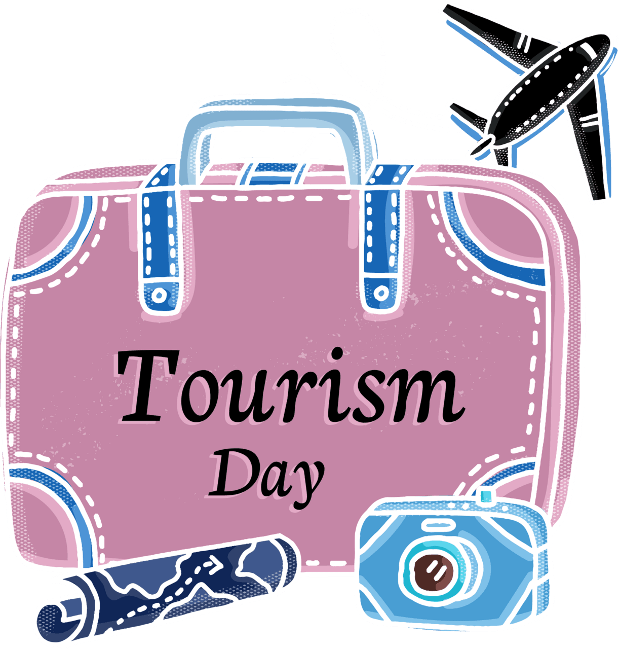 Tourism day with luggage hand drawn design clipart transparent