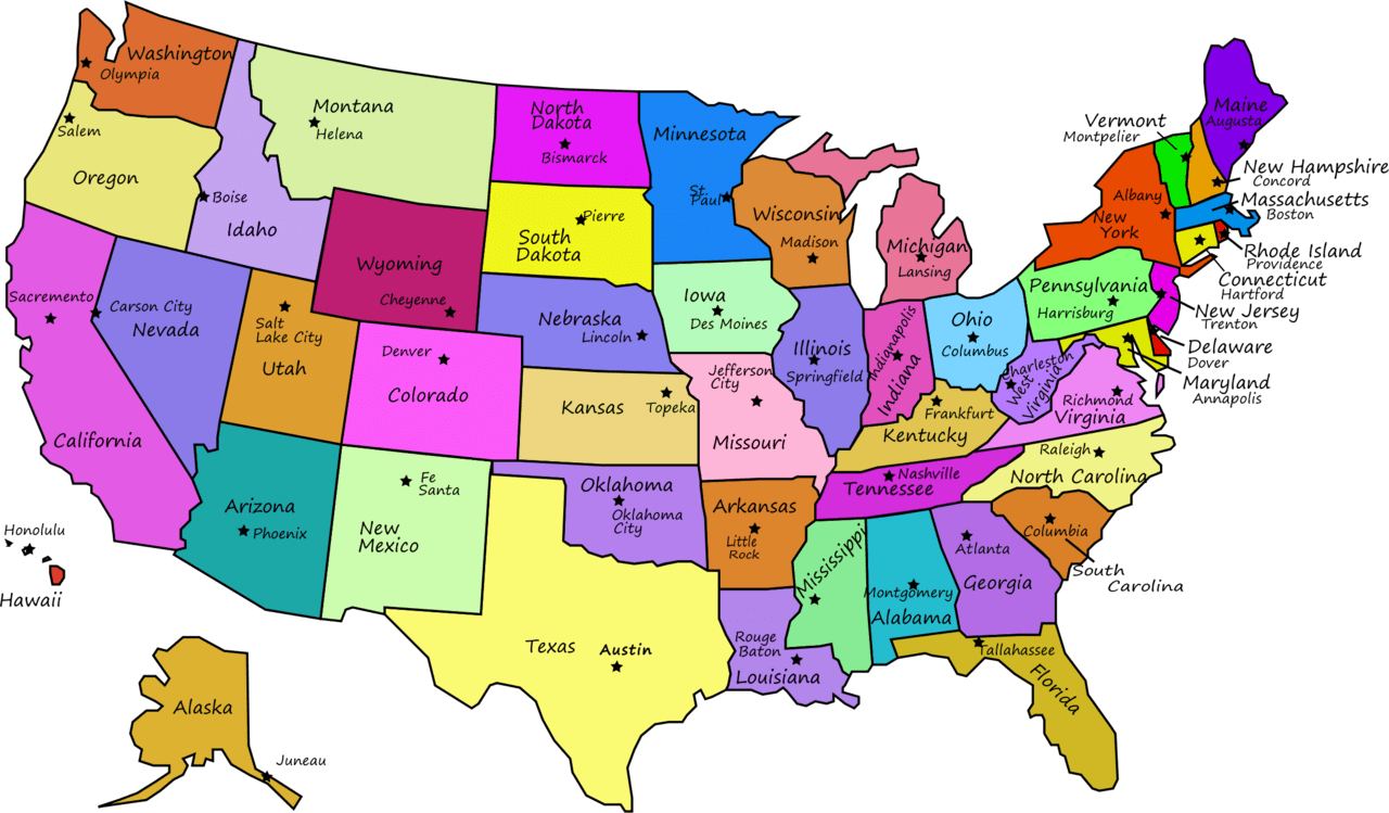 Usa united states map with capitals and state names clipart background