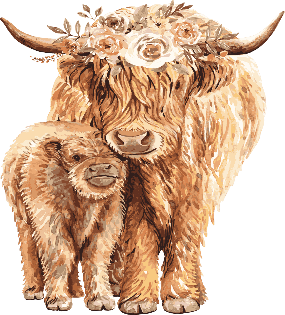 Highland cow and calf clipart background