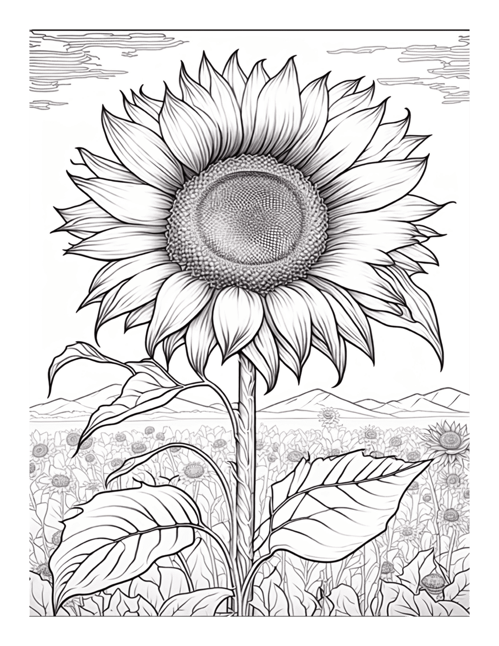 Sunflower black and white printable fields of sunshine coloring page for kids adults clipart logo