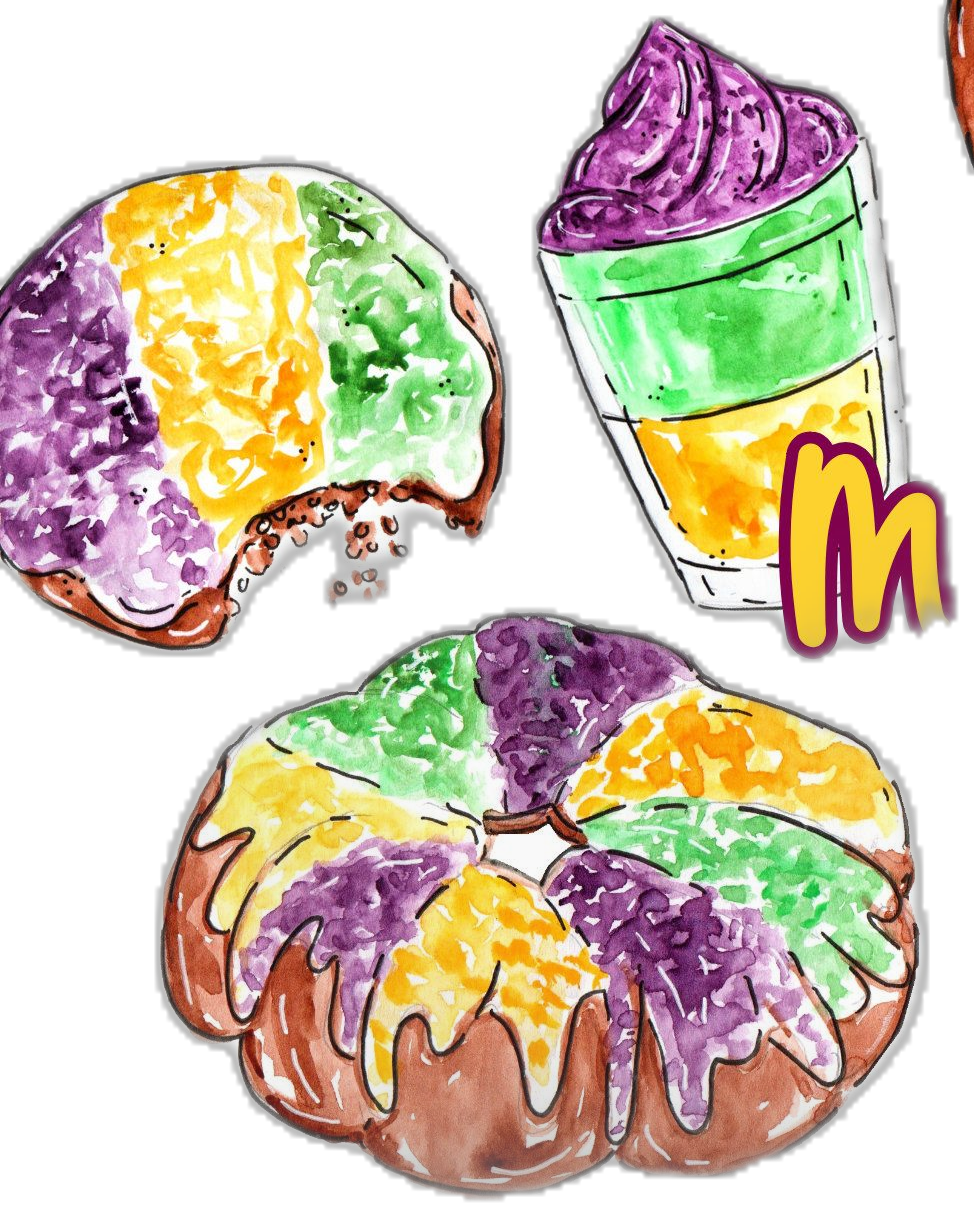 Watercolor mardi gras clipart of desserts food pasterie graphics for mercial use background