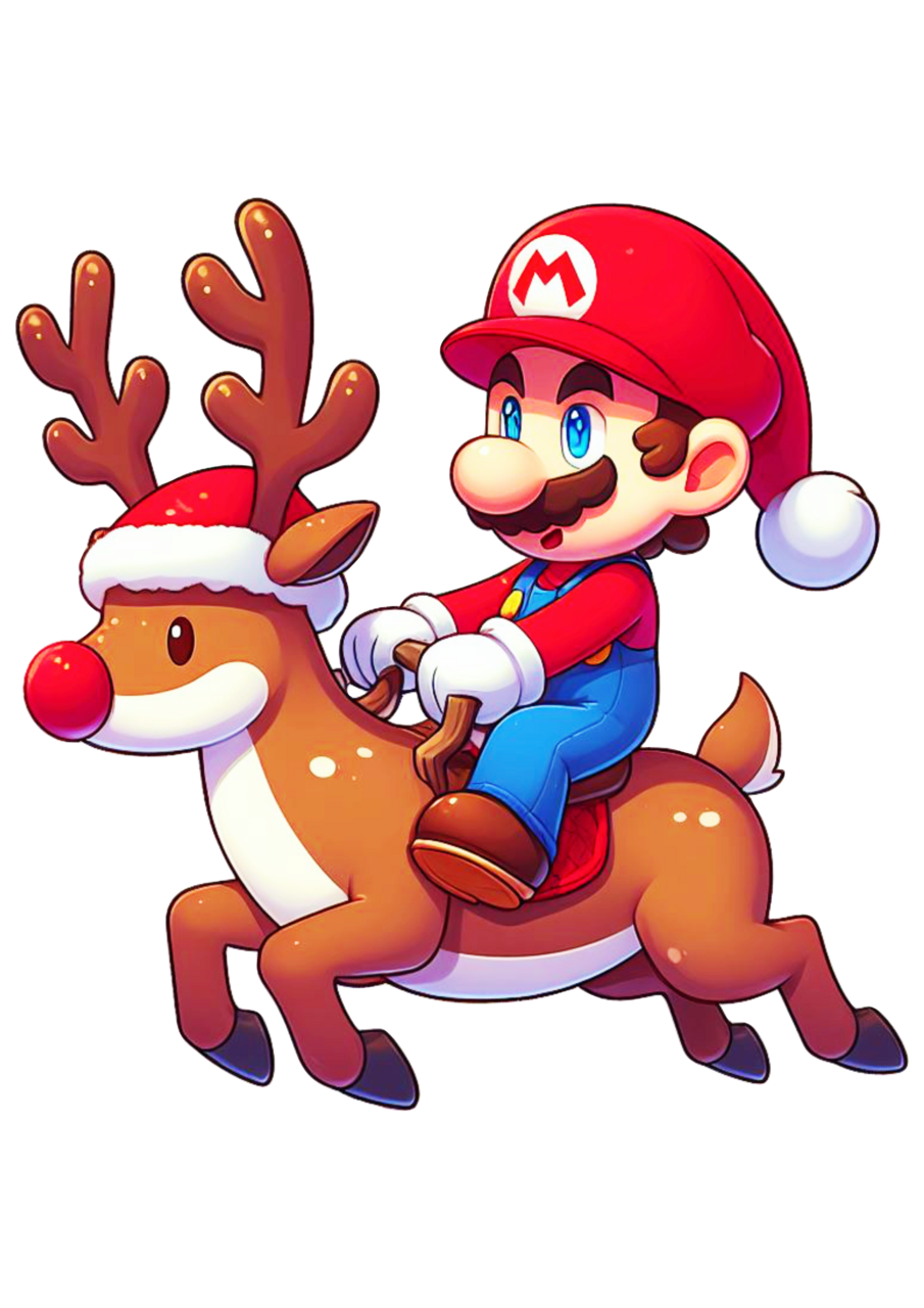 Super mario bros montado em uma rena decora de natal fundo papai noel desenhos infantis clipart picture