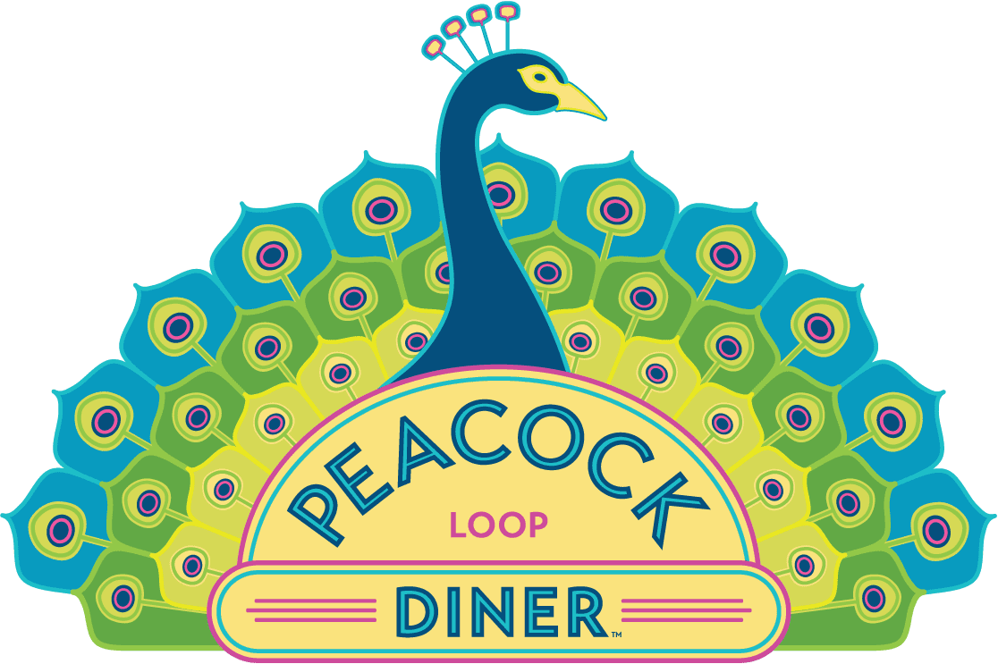 Peacock diner burgers breakfast all day milkshakes in retro clipart background