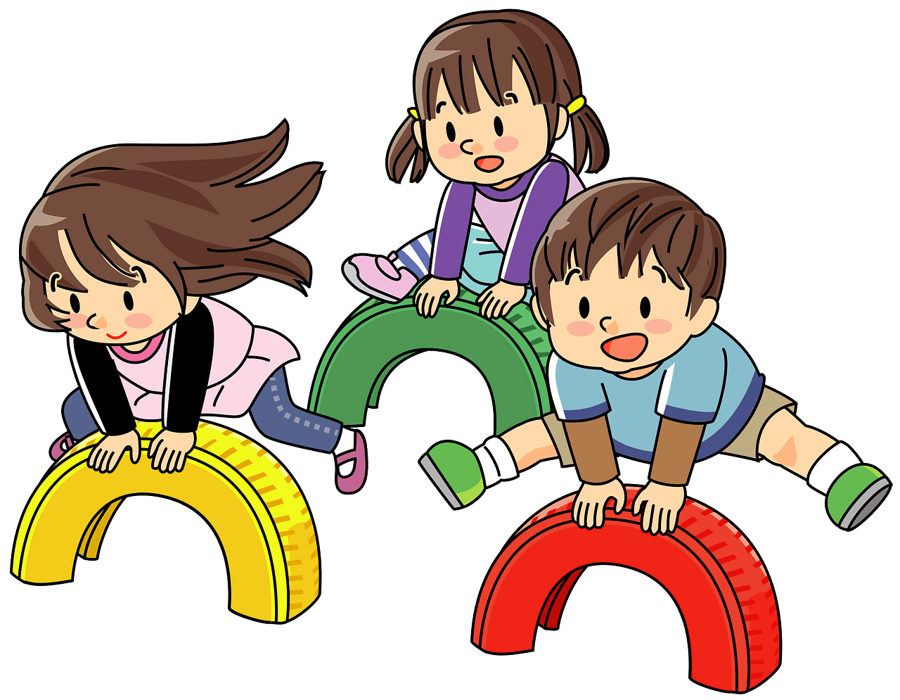 Children are playing leap frog with tires the park vector clipart images