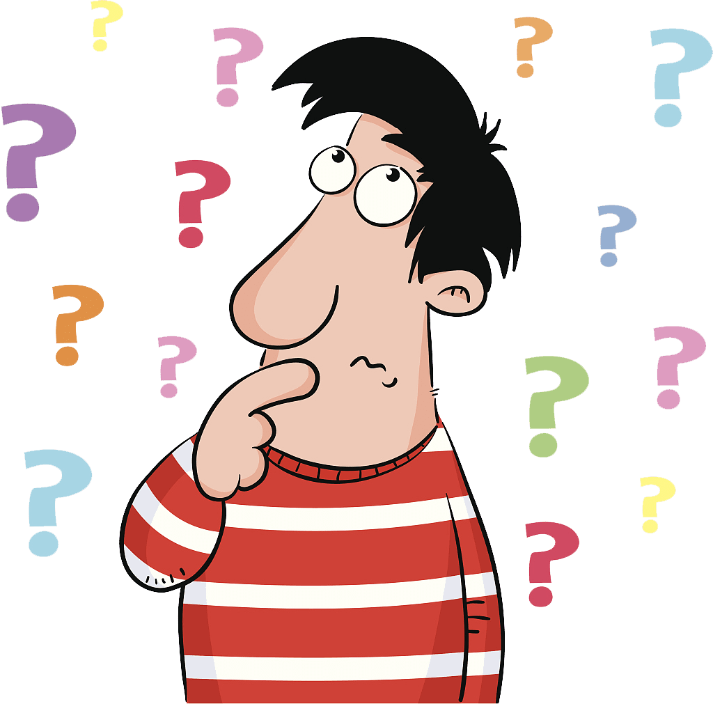 Cartoon is confused by pile of questions tricky riddles and answers clipart background