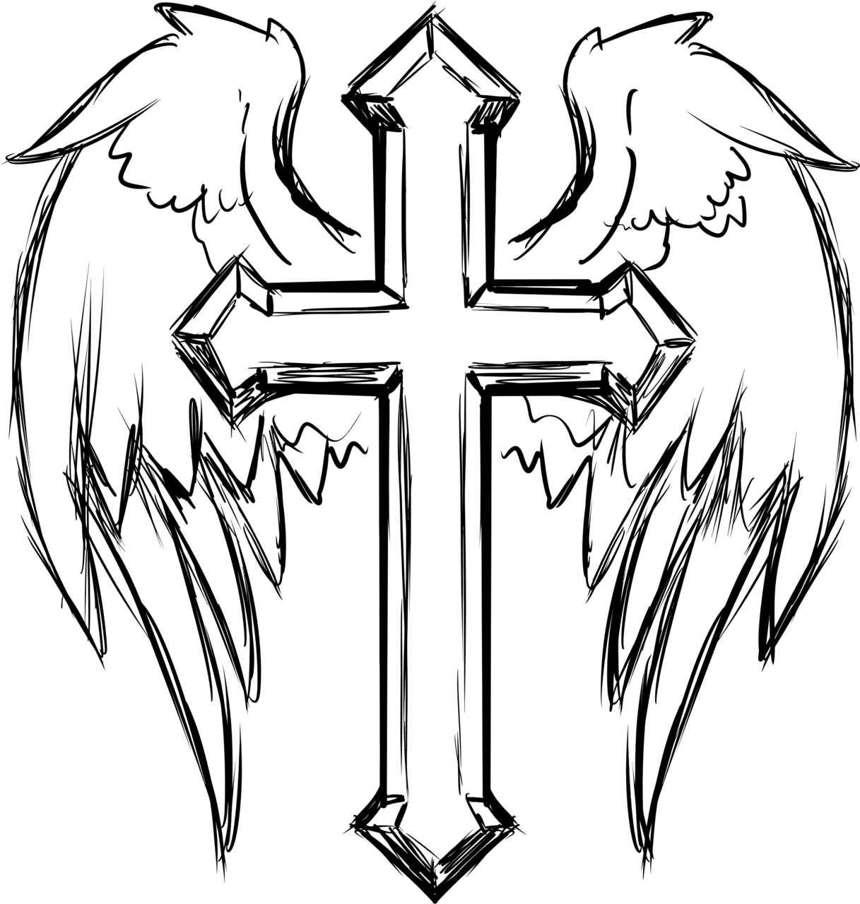 Cross black and white with wings line art angel clipart free