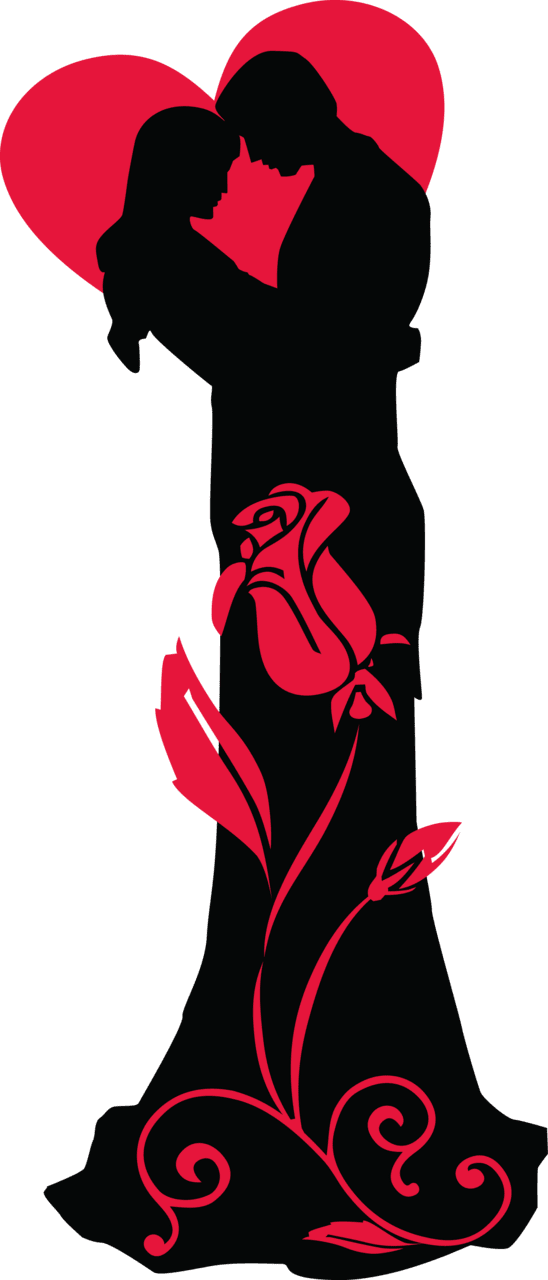 Kindness loving couple silhouettes with red heart and rose clipart image